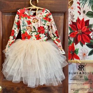 Bums & Roses Christmas Holiday Tulle Dress Outfit Bamboo Floral 3T 4T